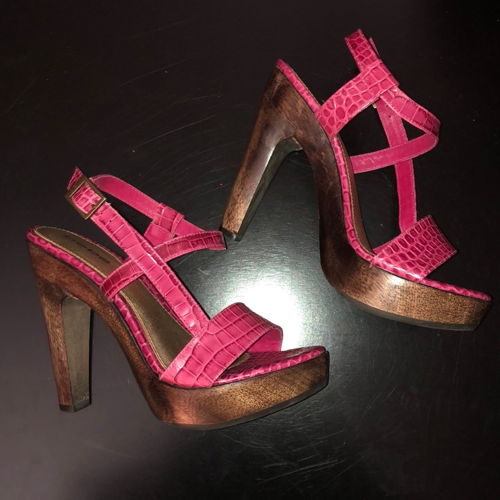 bebe Pink Snakeskin Wood Platform Heels 6